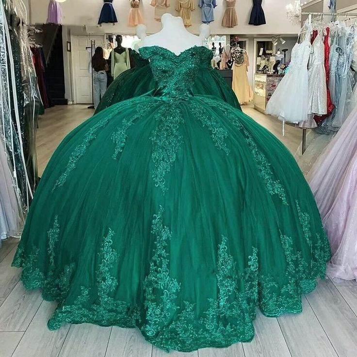 Off Shoulder Lace 2024 Quinceanera Dresses Dark Green Applique Sweet 16 Dress fg4889