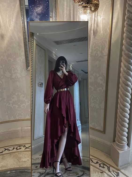 A-line V Neck Hi-low Evening Dress With Long Sleeves fg4978