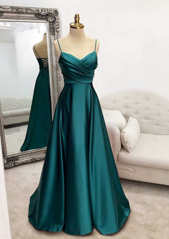 A-Line Spaghetti Strap A-Line Floor Length Satin Prom Dress with Pleats fg4823