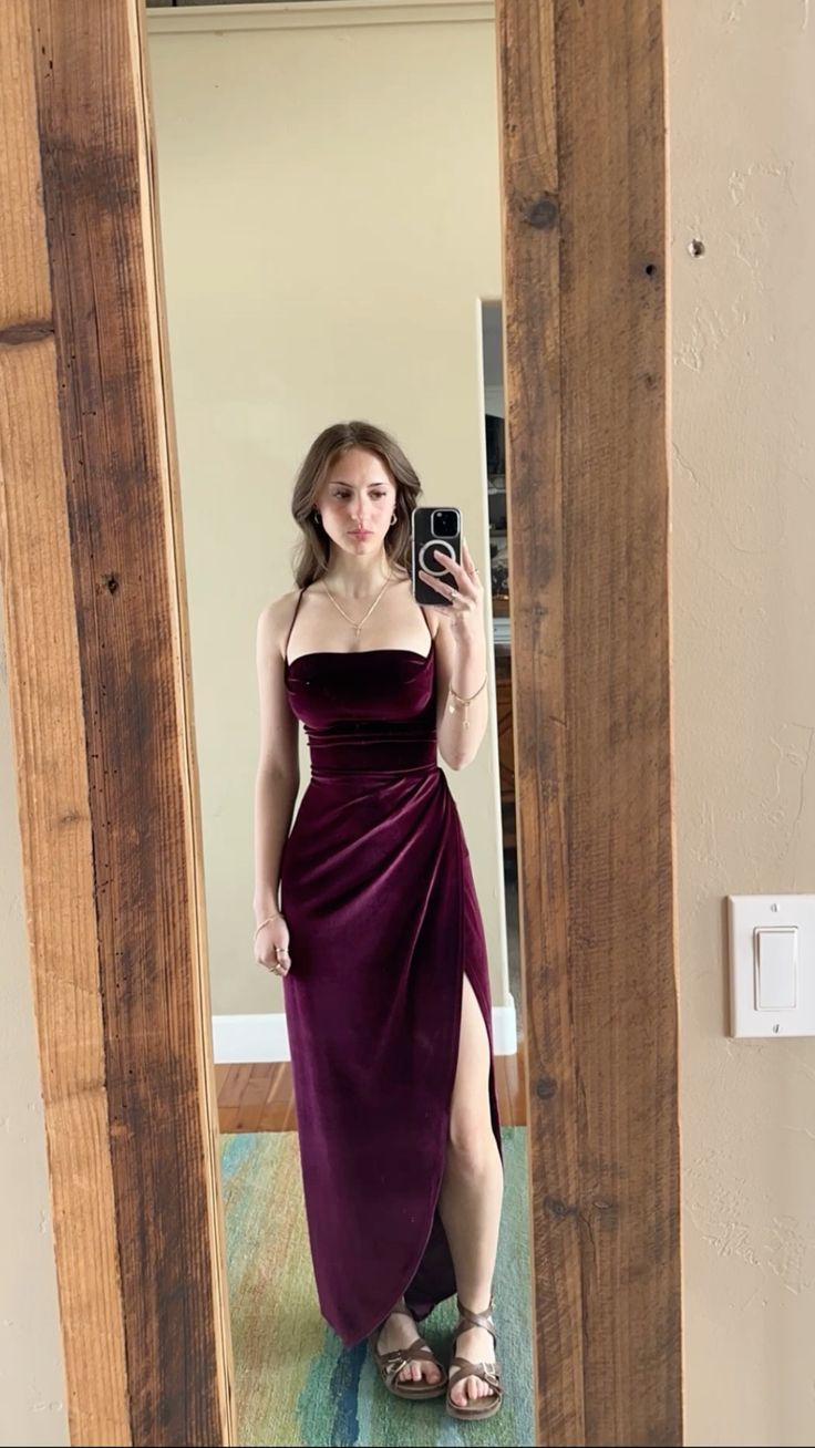 maroon prom velvet dress straps slit prom dress fg5216
