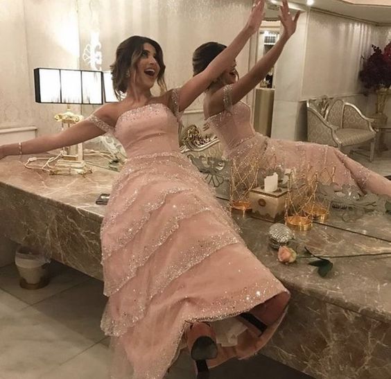 Pink Shinny Off-The-Shoulder Tulle Tiered Prom Dress Party Dress fg5412