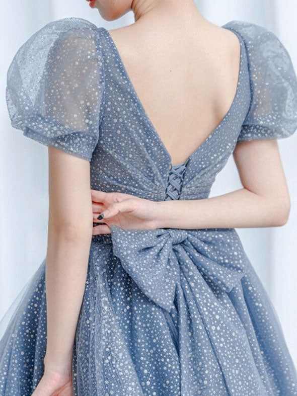 Blue Tulle V Neck Tulle Long Prom Dress, Blue Sweet 16 Dress fg4465