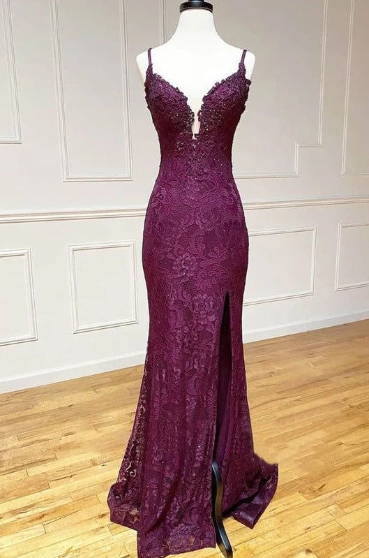 mermaid/trumpet spaghetti straps grape lace beaded long prom dress formal evening dress fg4801
