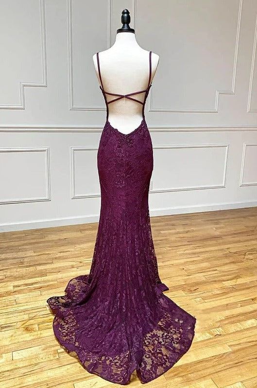 mermaid/trumpet spaghetti straps grape lace beaded long prom dress formal evening dress fg4801