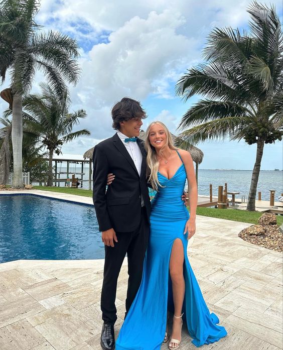 Elegant Blue V Neck Prom Dress With Split,Blue Formal Dress fg4529