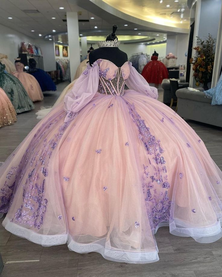Princess 3D Butterfly Beading Crystal Ball Gown Quinceanera Dresses Illusion Sequined Appliques Lace Corset Vestidos De 15 Años fg5467
