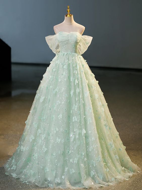 Green Tulle A-Line Lace Long Prom Dress, Green Lace Long Sweet 16 Dress fg5229