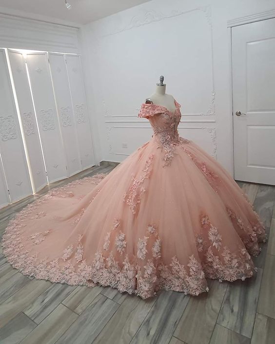 Pink Floral Appliques Lace Ball Gown Quinceanera Dresses Off The Shoulder 3D Flowers Beading Corset Sweet 15 Girls Party Dress fg4528