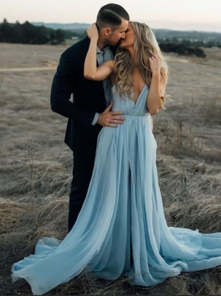 Sky Blue Chiffon Split Beach Wedding Dress With Court Train Prom Dresses fg5489