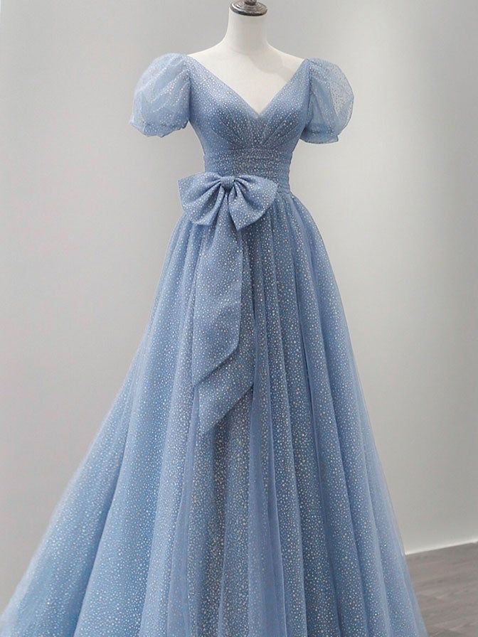 Blue Tulle V Neck Tulle Long Prom Dress, Blue Sweet 16 Dress fg4465