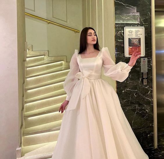 White Tulle Long Sleeve Prom Gown Wedding Dress fg4112