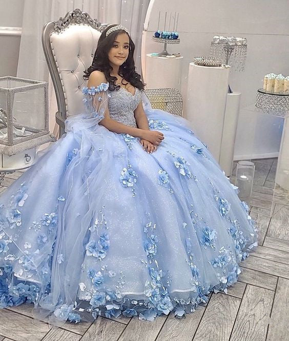 Light Blue Quinceanera Dress Off Shoulder 3D Flowers Beads Puffy Party Princess Sweet 16 Gown,Light Blue Ball Gown fg4045