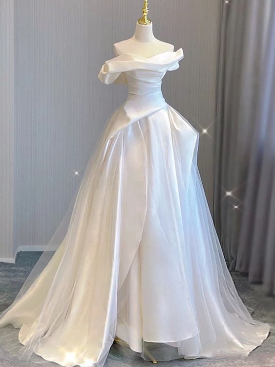 White Satin Tulle Off the Shoulder Pleats Wedding Dress fg4100