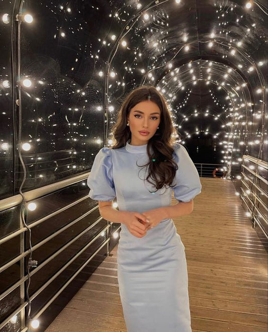 Cute Blue Prom Dresses Short Sleeves Long Dress        fg4321