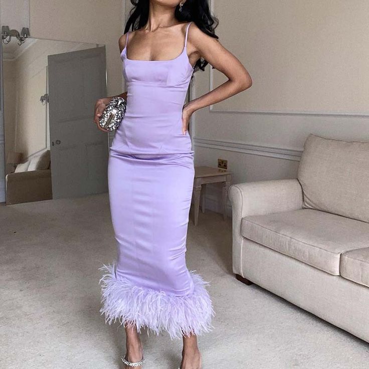 Women's Spaghetti Straps Satin Dress Feather Hem Sleeveless Backless Party Bodycon Dress fg4124