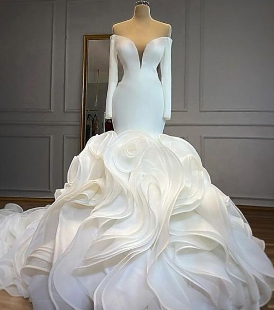 Mermaid Evening Gown Elegant Dress Long Sleeve Wedding Dresses fg3490