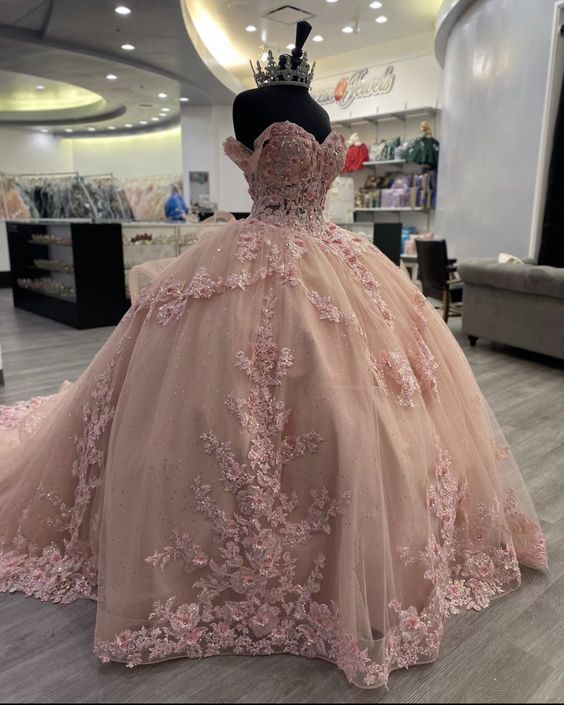 Pink Lace Long Prom Dresses, Ball Gown Sweet 16 Dresses fg3427