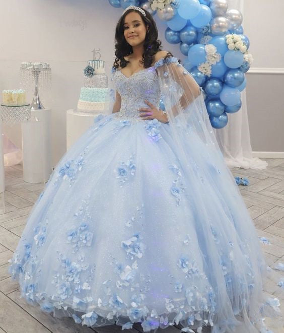 Light Blue Quinceanera Dress Off Shoulder 3D Flowers Beads Puffy Party Princess Sweet 16 Gown,Light Blue Ball Gown fg4045