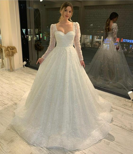 White Tulle A line Long Ball Gown Wedding Dress fg3710