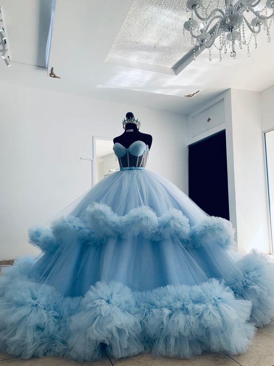 Puffy Ball Dress Blue Ruffled Tulle Prom Dresses Sweetheart Ball Gown Quinceanera Dresses fg3630