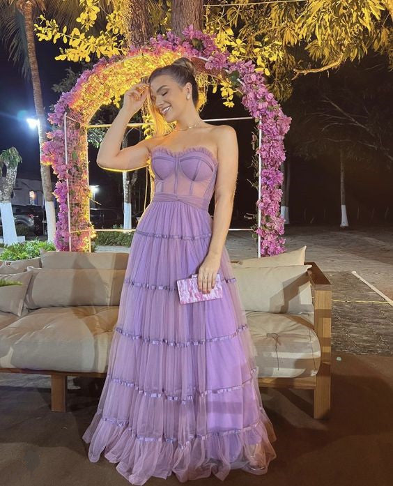 A Line Lilac Prom Dress, Strapless Formal Evening Gown fg3888