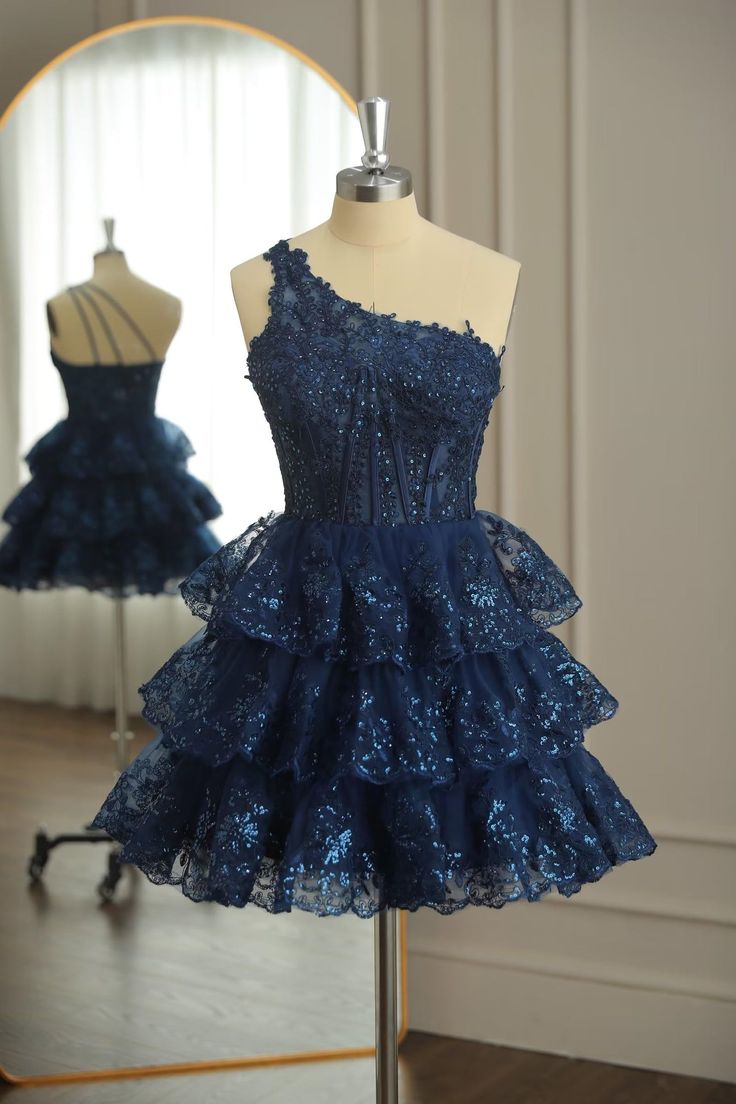 Dark Navy One Shoulder Appliques Multi-Layers Tulle Homecoming Dress fg4307