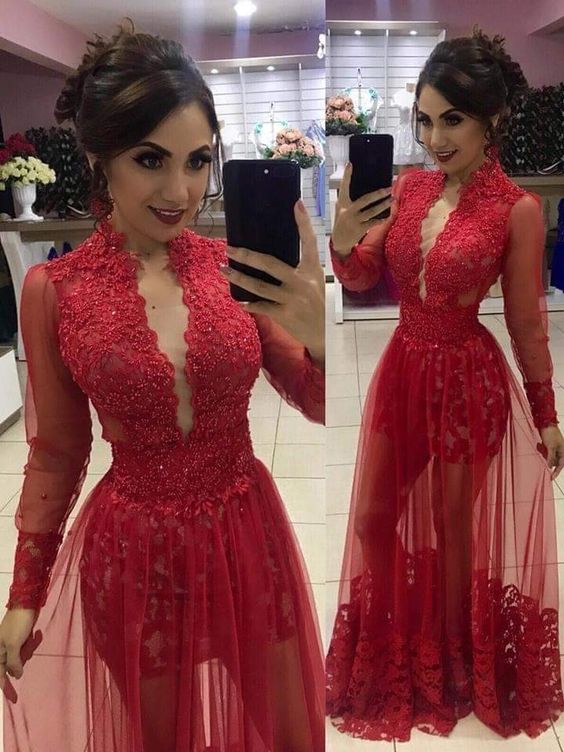 Red Lace Prom Dress Long Formal Dress fg4137