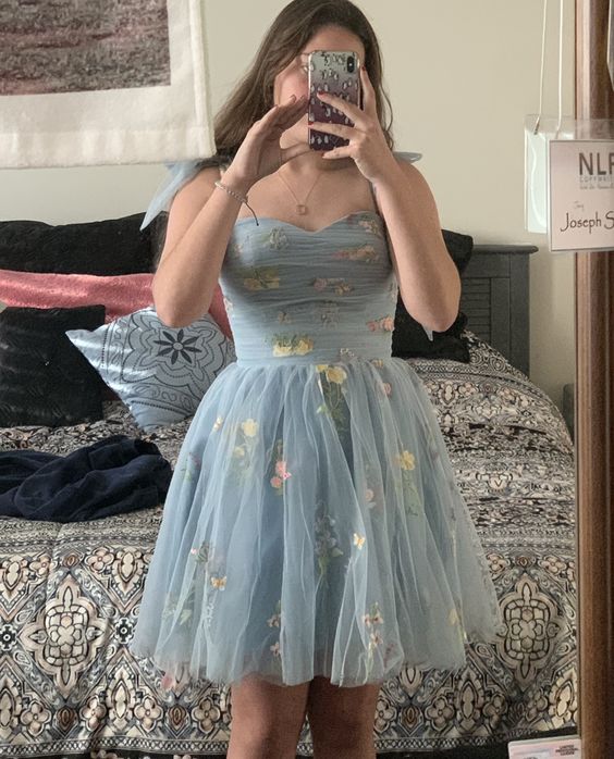 Tüll Blumenstickerei Kurzes Homecoming-Kleid Plissee Ärmellos A-Linie für Junioren Mini-Ballkleid fg4342