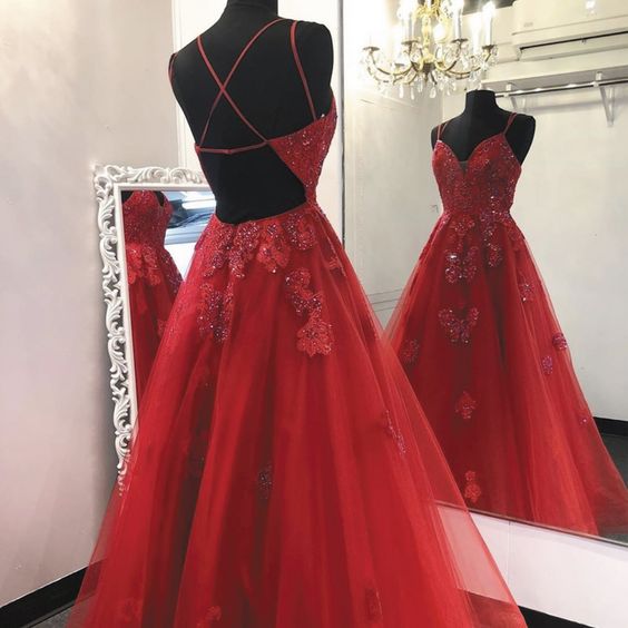 Red lace prom dress, lace applique prom dresses, spagehtti strap prom dresses fg3405