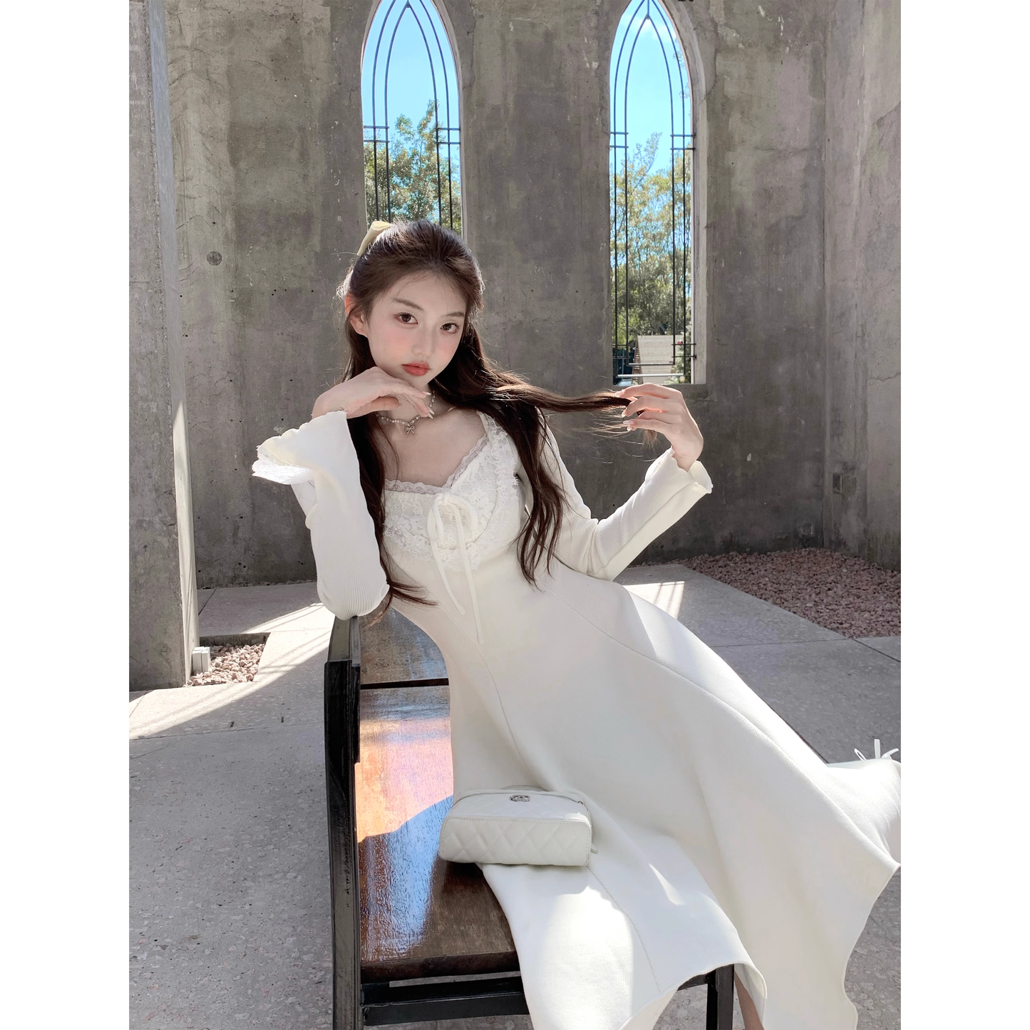 White Moonlight Stretch Fleece-Lined Knit Dress A53