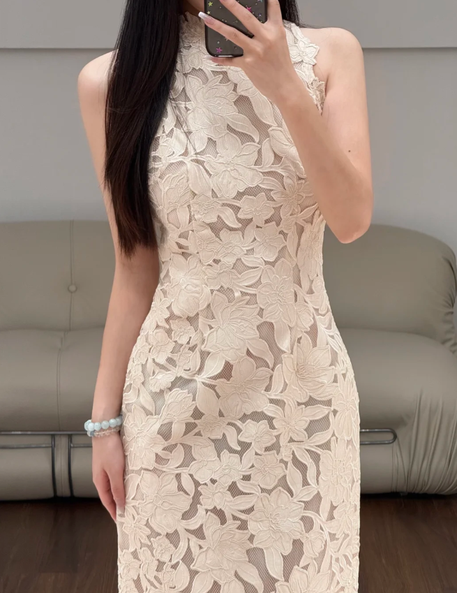 Halter Neck Lace Prom Party Dress Evening Dress Classy Birthday Outfit fg8635