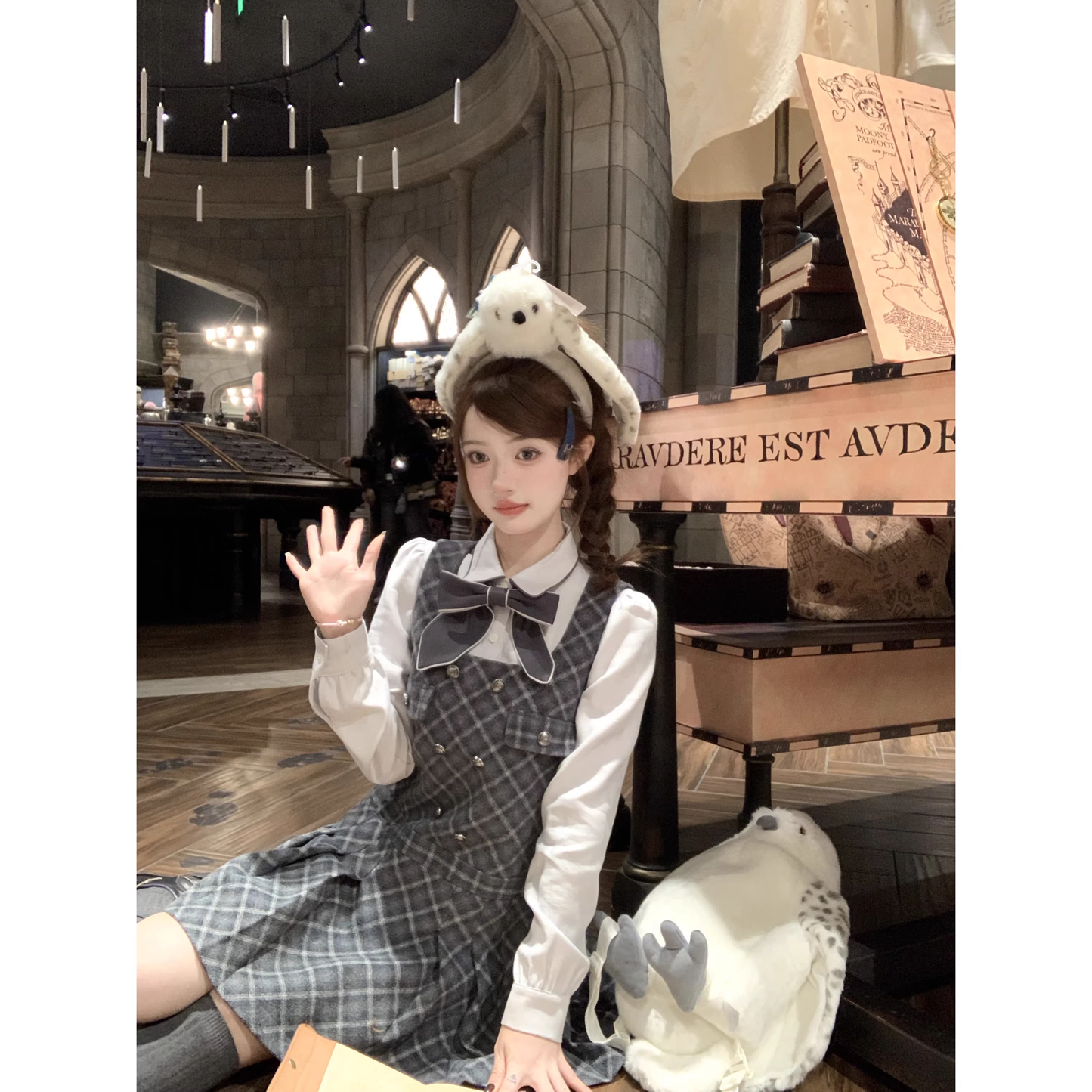 Pleated overall dress, preppy style, winter short skirt A90