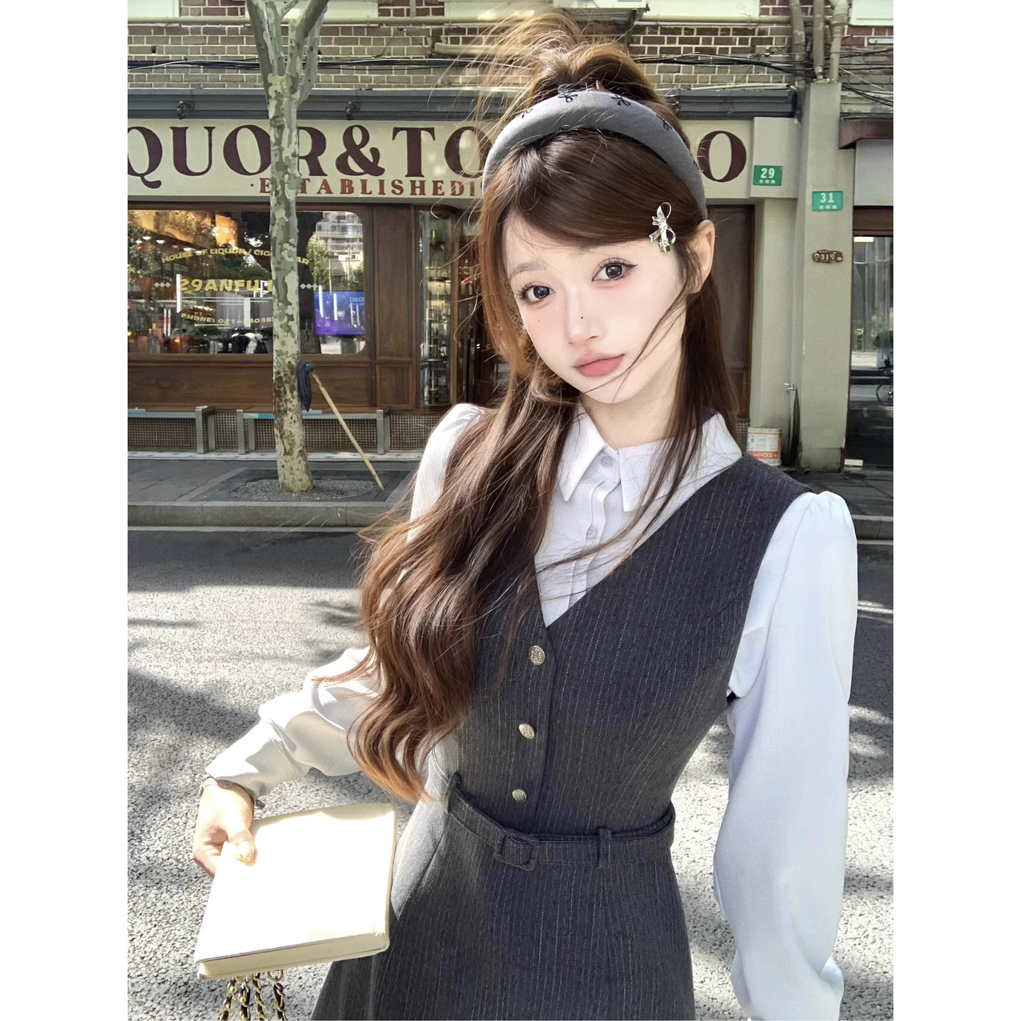 Vest dress and shirt set for fall, preppy style A151