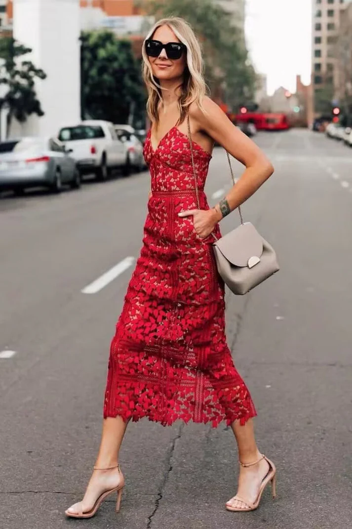 Classy Sheath Spaghetti Straps Red Lace Prom Dresses Summer Wedding Guest Dresses Wedding Guest Outfits fg8562