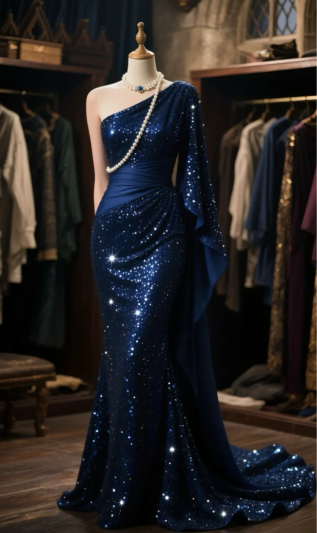Mermaid Navy Satin Sequin One Shoulder Cape Long Prom Dress, Evening Dress fg8492