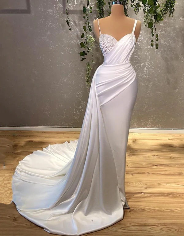 Wedding Dresses For Women Charming Sleeveless Pearls Bride Dress White Mermaid Floor Length prom dresses fg1550