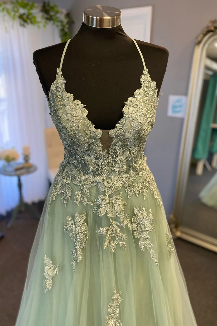 Straps Sage Green Appliques A-line Long Formal Dress fg4484