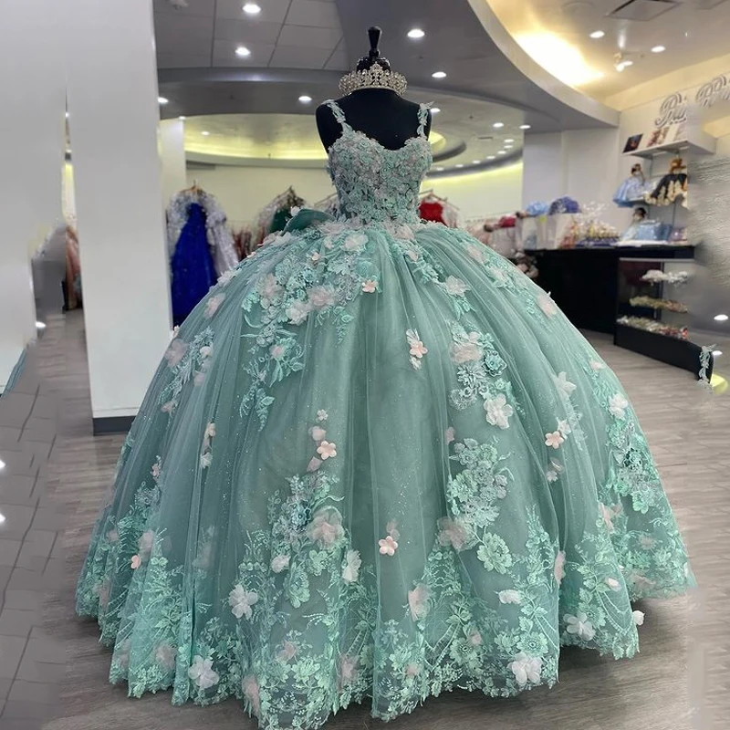 Green Princess Ball Gown Quinceanera Dresses With Bow Appliques Sweet 16 Dress Vestidos De 15 anos fg4586