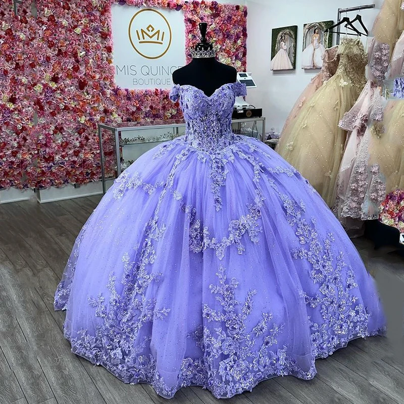 Ball Gown Quinceanera Dresses Beaded Appliques Lace Off Shoulder Tulle Sweet 15 16 Dress XV Prom Party Dress fg5693