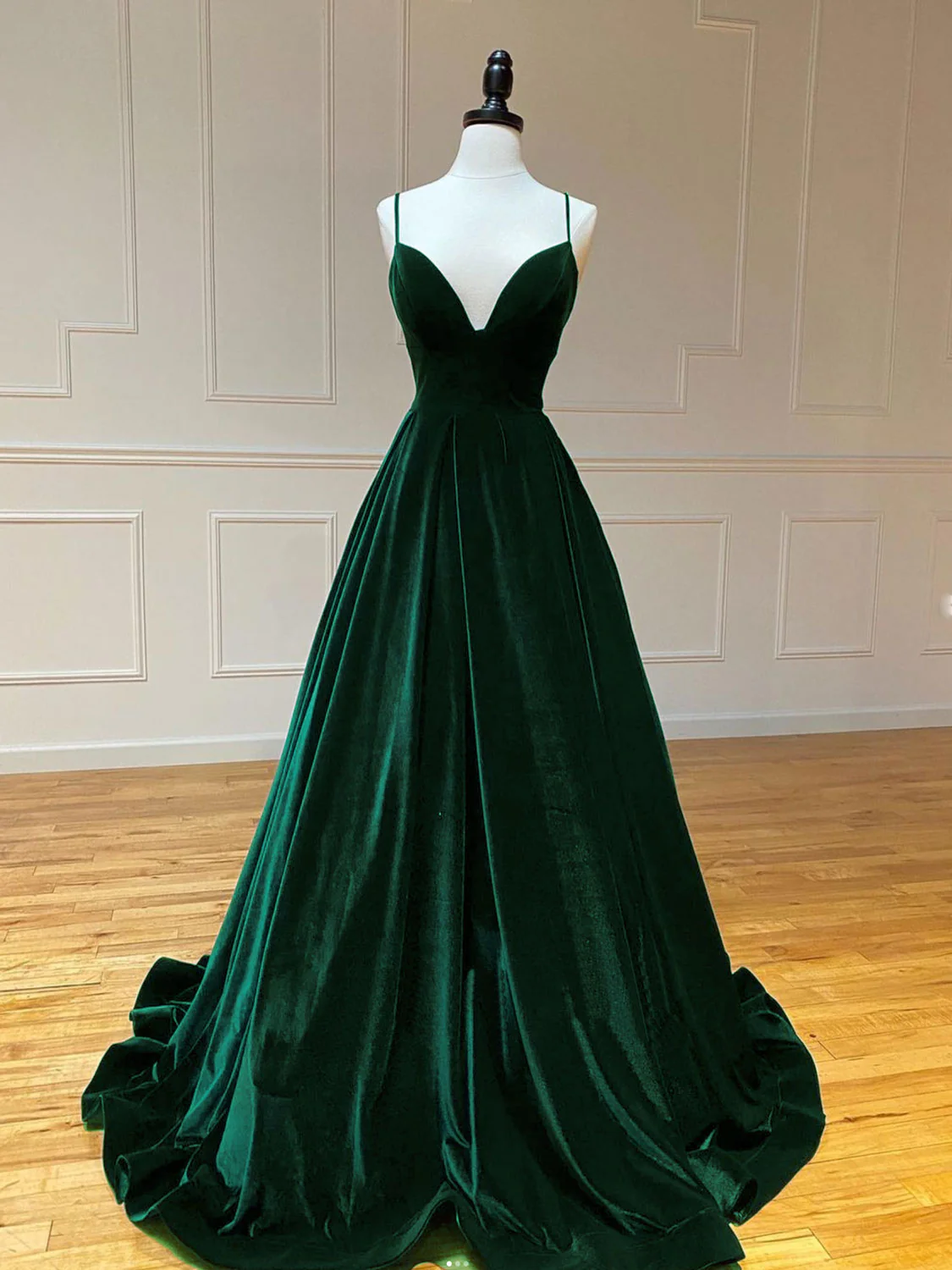 A-Line V Neck Velvet Green Long Prom Dresses, Green Velvet Formal Dress fg4435