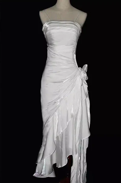 Charming Mermaid High Low Satin Straps Party Dress Vintage Style Prom Dress fg5848