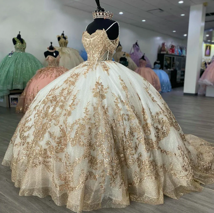 Champagne Beading Tassel Ball Gown Quinceanera Dress Spaghetti Sequined Appliques Lace Vestidos De 15 Años fg5746