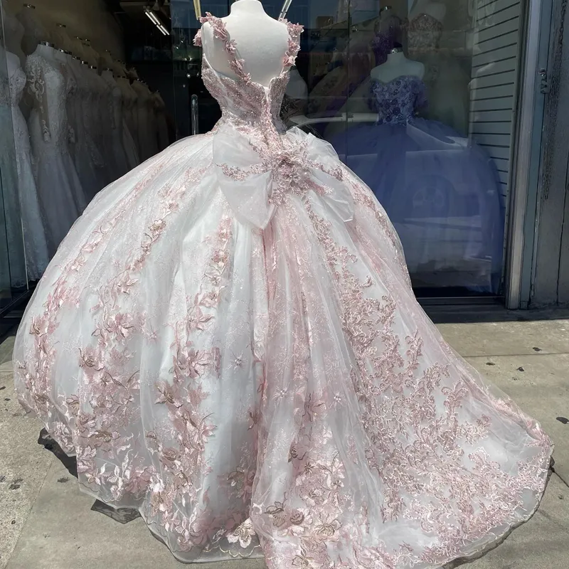 Pink Sexy V-Neck Shiny Quinceanera Dresses Beading 3DFlower Ball Gown Sleeveless Tulle Sweet Princess Vestidos De 15 Girls fg5896