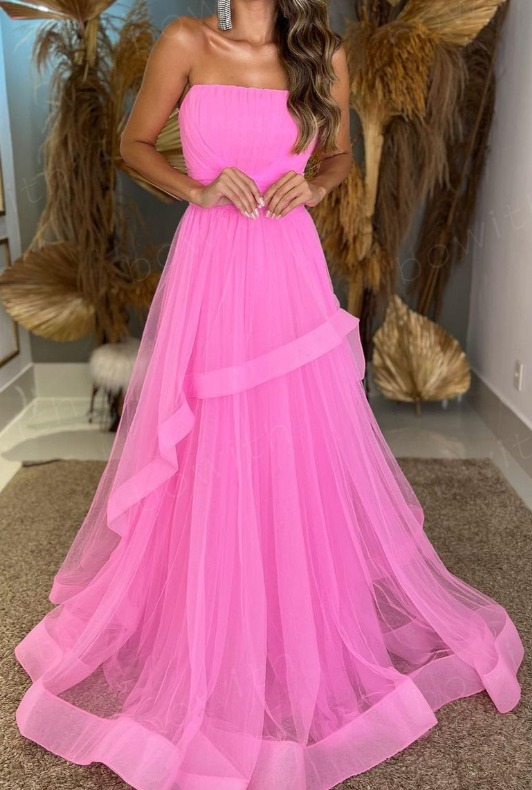 Tulle Layers Long Evening Dresses Strapless Maxi Prom Gown Floor Length Party Gowns fg3898
