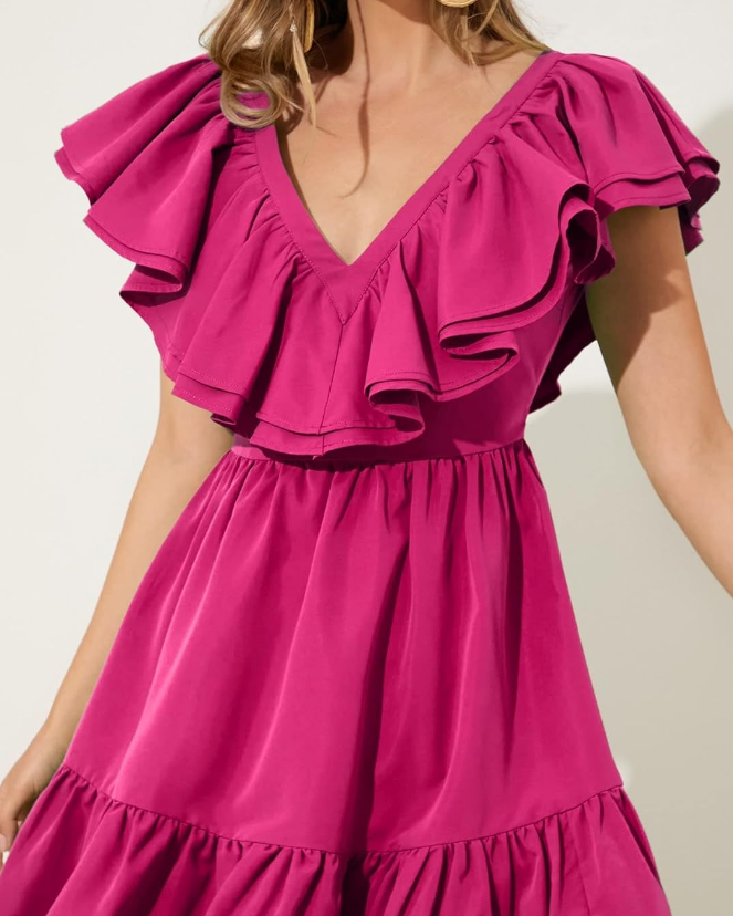 Short Dress V Neck Two Trim Ruffle Hem Dress Homecoming Dress Short Party Dress fg4266