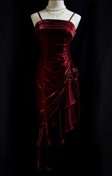 Charming Mermaid High Low Satin Straps Party Dress Vintage Style Prom Dress fg5848