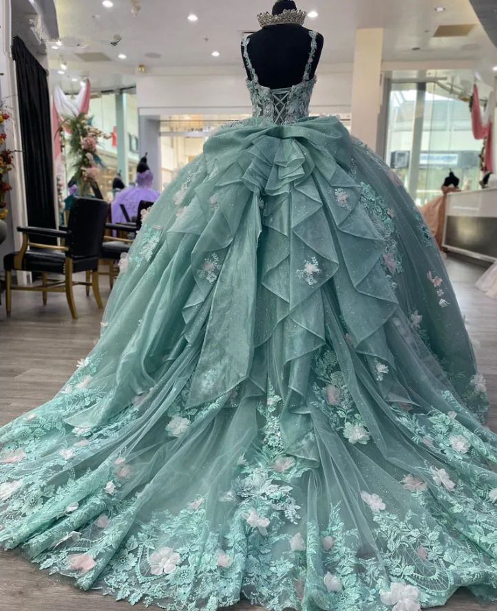 Green Princess Ball Gown Quinceanera Dresses With Bow Appliques Sweet 16 Dress Vestidos De 15 anos fg4586