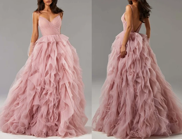Straps Blush Pink Prom Dress with Cacasding Ruffles fg540