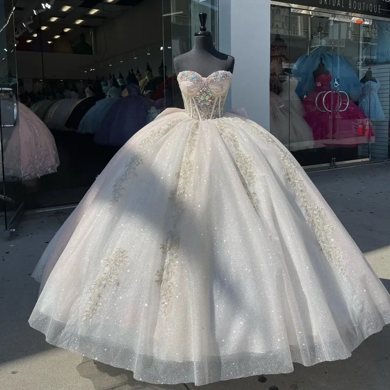 Luxury Ivory Sparkly Off-shoulder Quinceanera Dresses Crystal Birthday Party Prom Dress fg5557