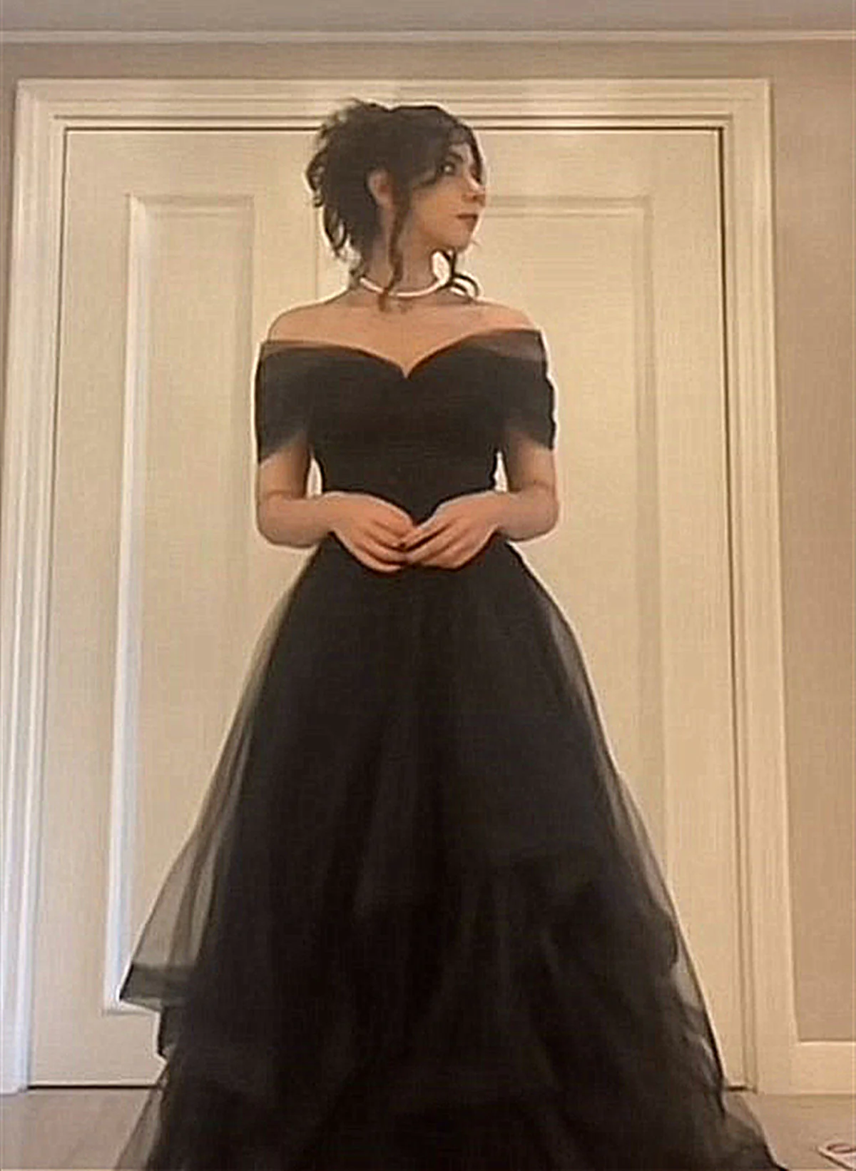 Black Off Shoulder Sweetheart Tulle Prom Dress, Black Tulle A-Line Party Dress fg5045
